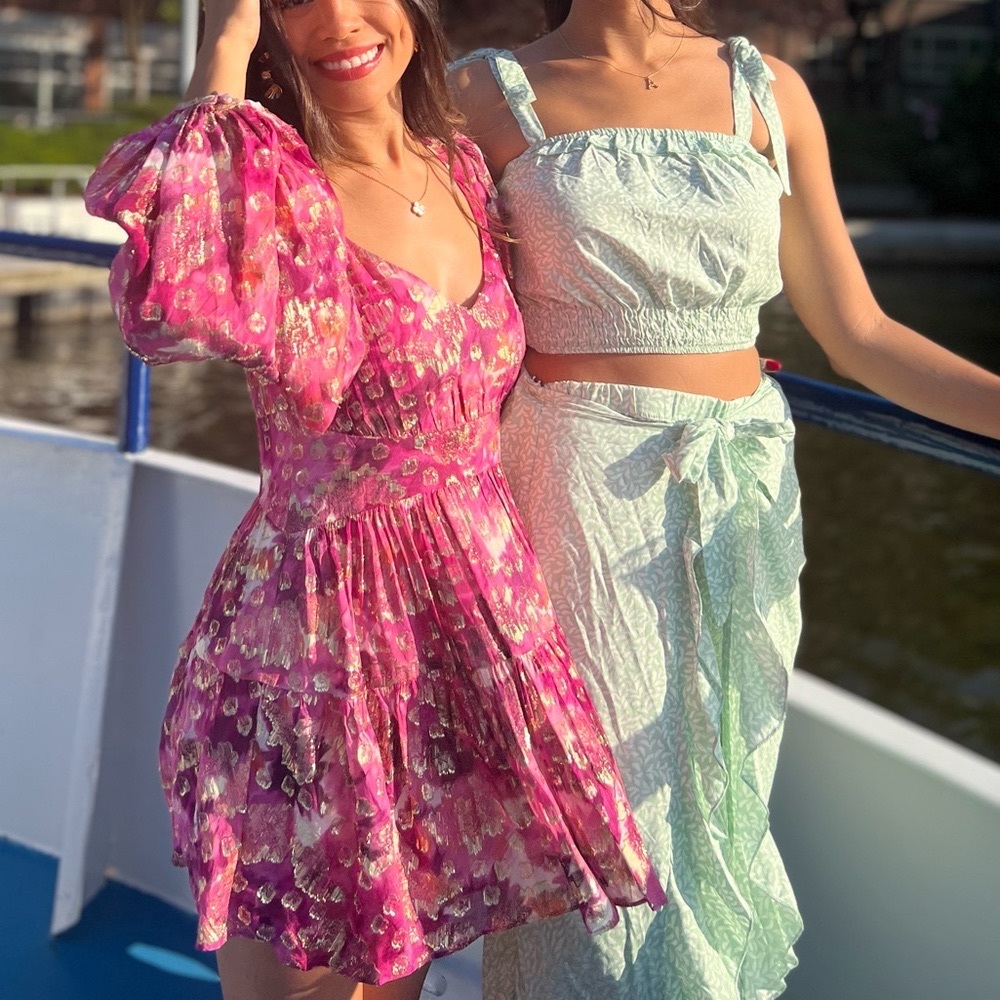 Loveshackfancy short pink and gold dress
